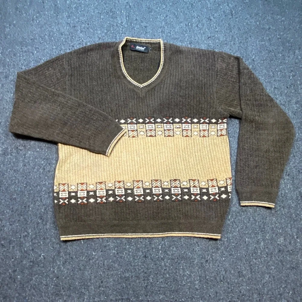 Genius Original Earth Tone Mens Large Brown Tan Geometric V-Neck Ribbed Sweater